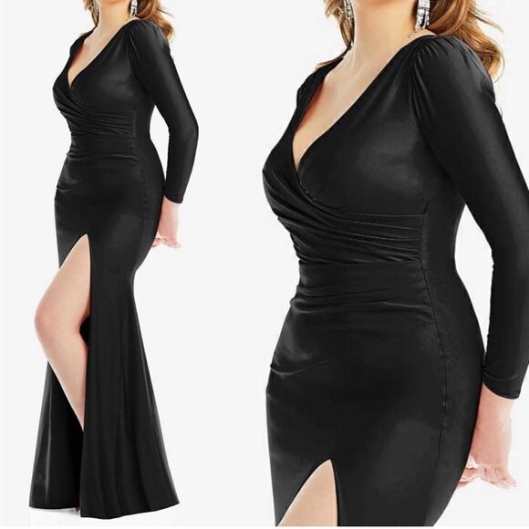 NWT CYNTHIA & SAHAR | YASMEEN STYLE CS102 LUXE STRETCH BLACK SATIN Gown S - Picture 3 of 12